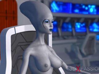 Sci-fi female alien plays with ireng lover in space.
