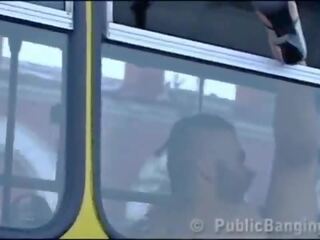 Crazy daring public bus X rated movie action in front of amazed passengers and strangers by a couple with a perky sweetheart and a youngster with big pecker doing a blowjob and a vaginal intercourse in a local transportation