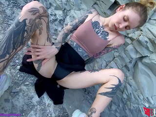 Tattooed adolescent Fingering Pussy by the Sea - Outdoor